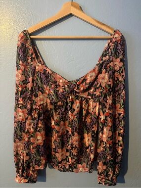Nasty Gal Black Floral Peasant Blouse with Peach and Purple Blooms